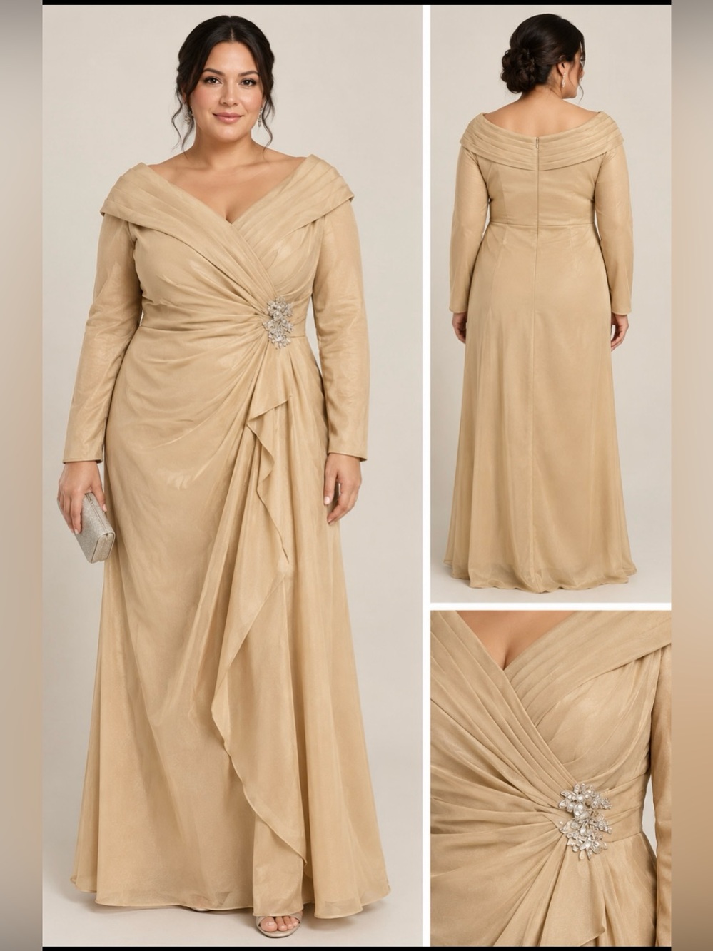 Taupe Draped Off-Shoulder Long Sleeve Evening Gown